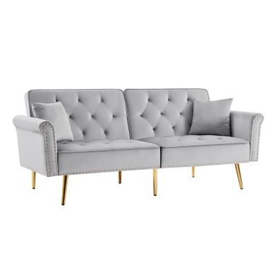   Velvet Tufted Sofa Couch with 2 Pillows and Nailhead Trim