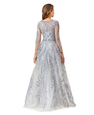 Women's Long Sleeve Lace Gown with Overskirt