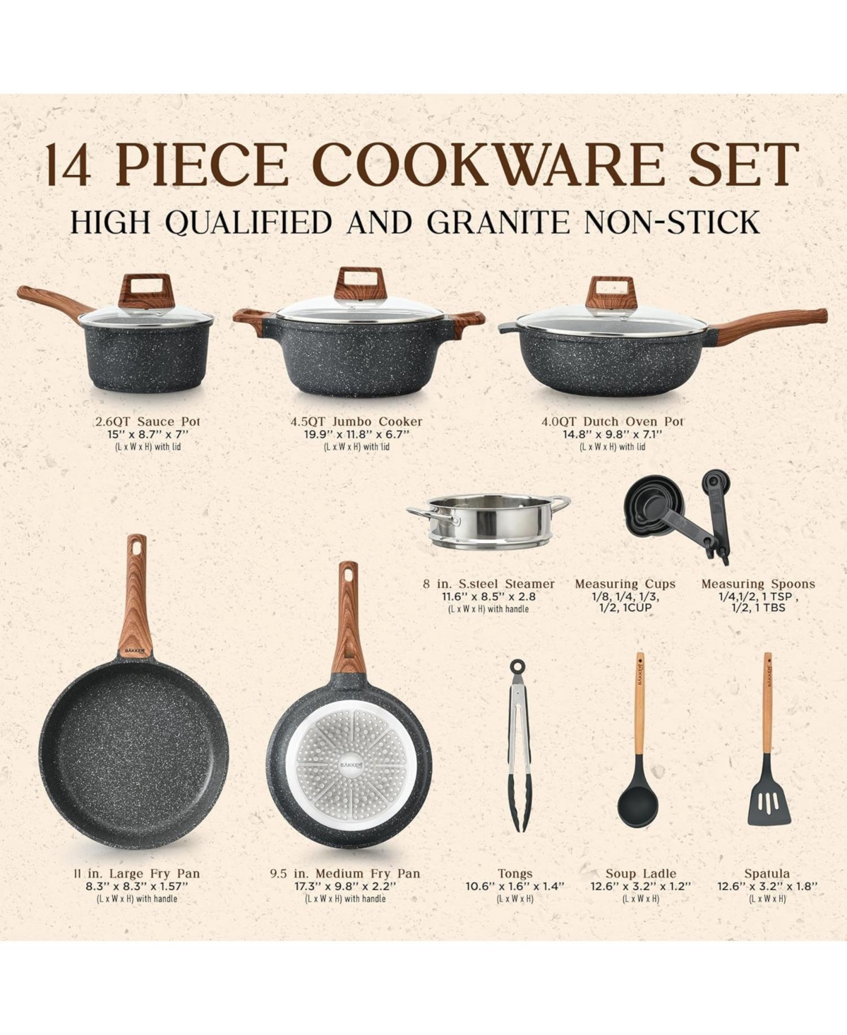 Bakken- Swiss Bakken-Swiss 14-Piece Kitchen Cookware Set – Granite Non-Stick Eco-Friendly for All Stoves & Oven-Safe