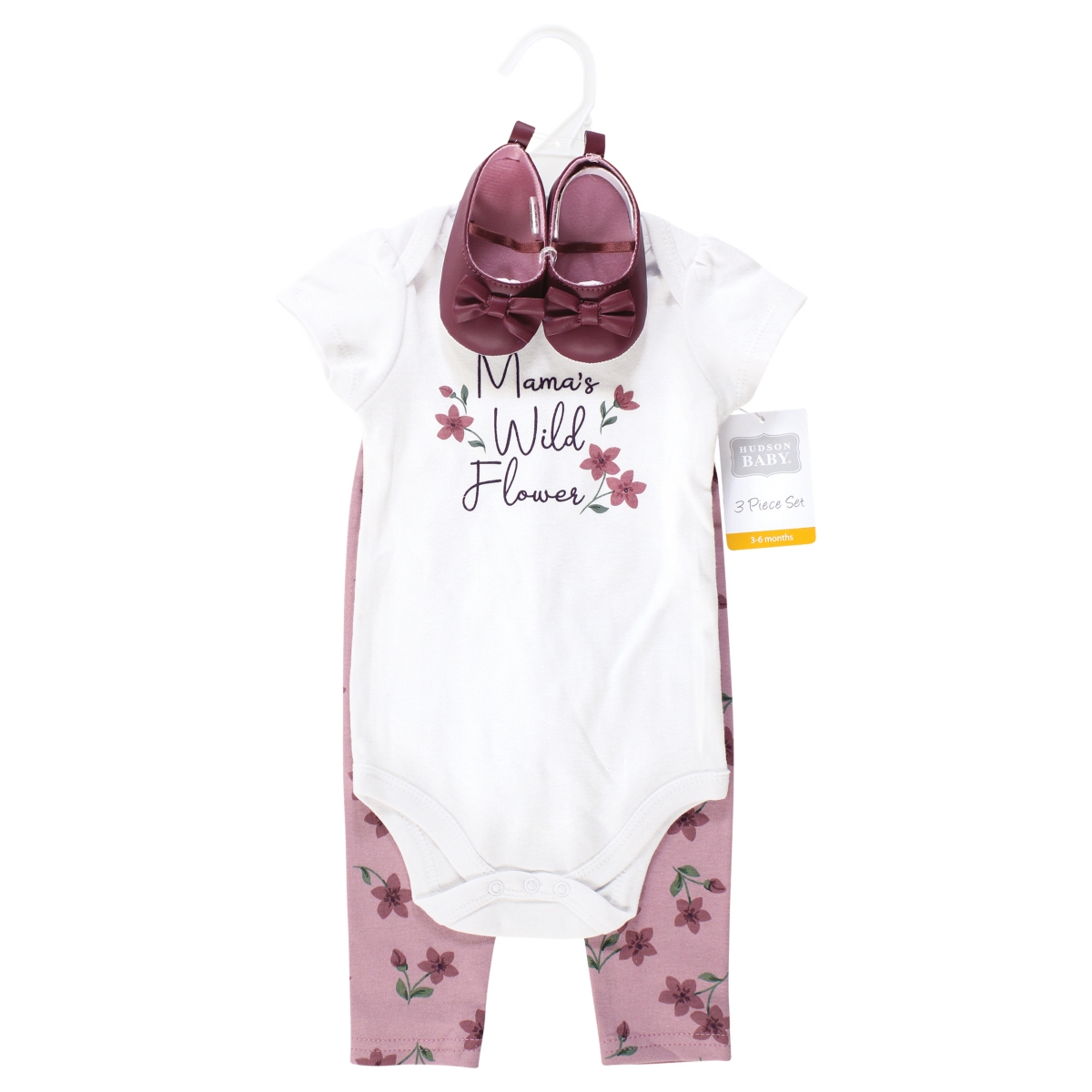 Hudson Baby Baby Girls Cotton Bodysuit, Pant and Shoe Set,- Plum wildflower