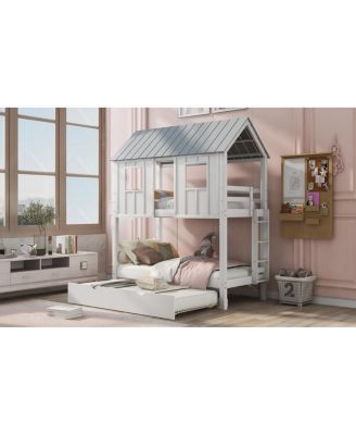 House Bunk Bed With Trundle, Roof And Windows Twin
