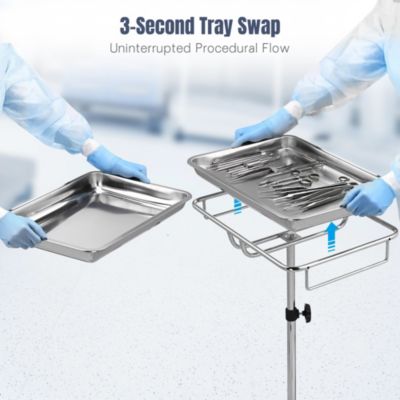 Mobile Mayo Stand Stainless Steel with Handle 2 Pack Trays on Wheels Adjustable Height for Medical Dental Salon Tattoo Lab
