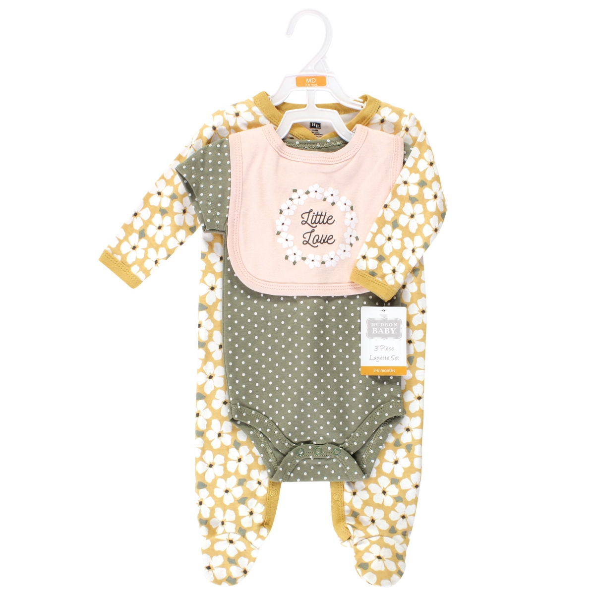 Hudson Baby Baby Girls Cotton Sleep and Play, Bodysuit and Bandana Bib Set,- Sage floral wreath