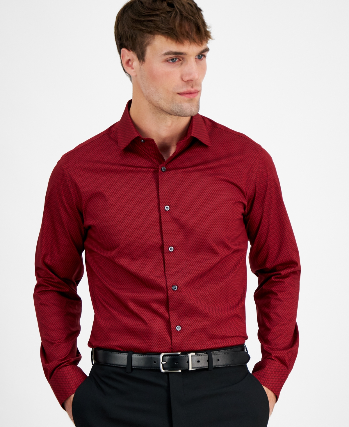 Men's Slim-Fit Temperature Regulating Geo-Print Dress Shirt, Created for Macy's - Red Black