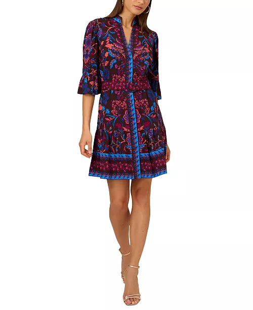 women's 3/4-sleeve belted fit & flare dress