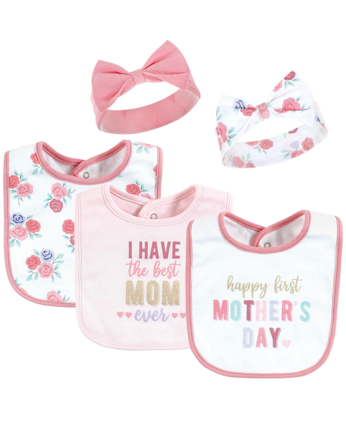 Hudson Baby Girls 5Pk Bibs and Headbands Set