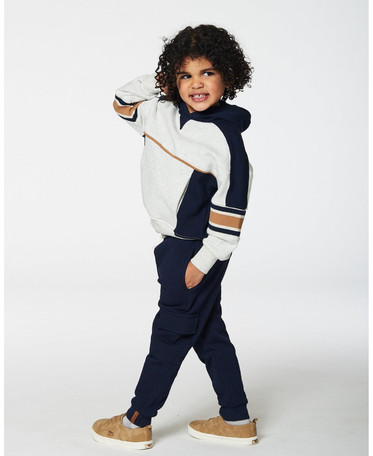 Deux par Deux Big Boys Hooded Fleece Sweatshirt With Contrast Rib- Beige mix
