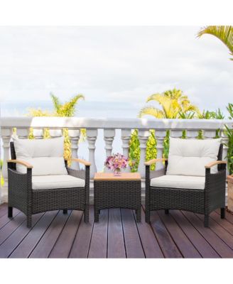 3PCS Patio PE Rattan Conversation Furniture Set Bistro Set Acacia Wood Tabletop