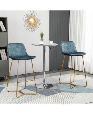 Tall Bar Stools, Set of 2, Velvet-Touch Fabric Bar Chairs, 25.5" Bar Height Stools with Gold-Tone Metal Legs for Dining Area, Home Bar, Blue