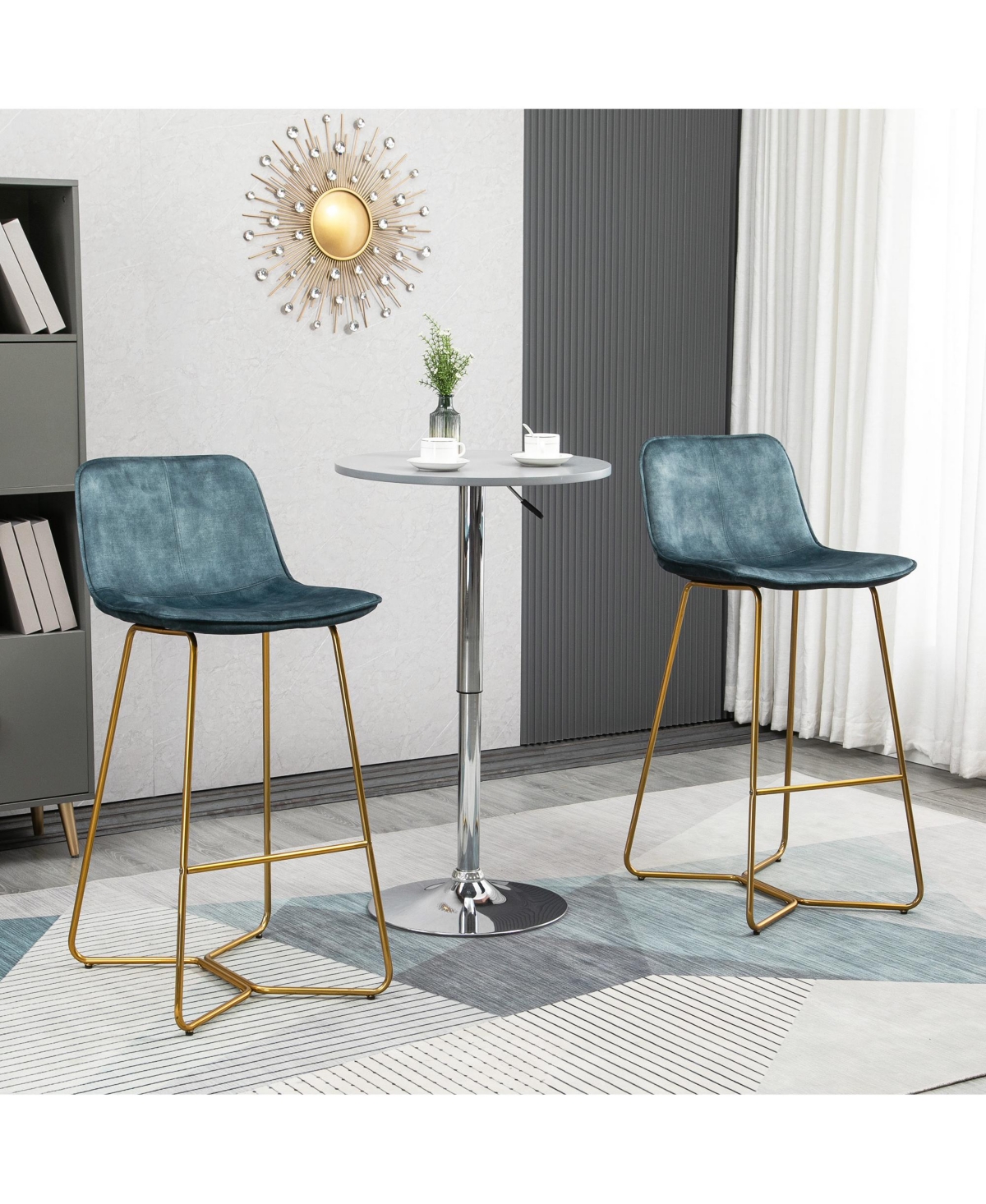 Homcom Tall Bar Stools, Set of 2, Velvet-Touch Fabric Bar Chairs, 25.5" Bar Height Stools with Gold-Tone Metal Legs for Dining Area, Home Bar, Blue