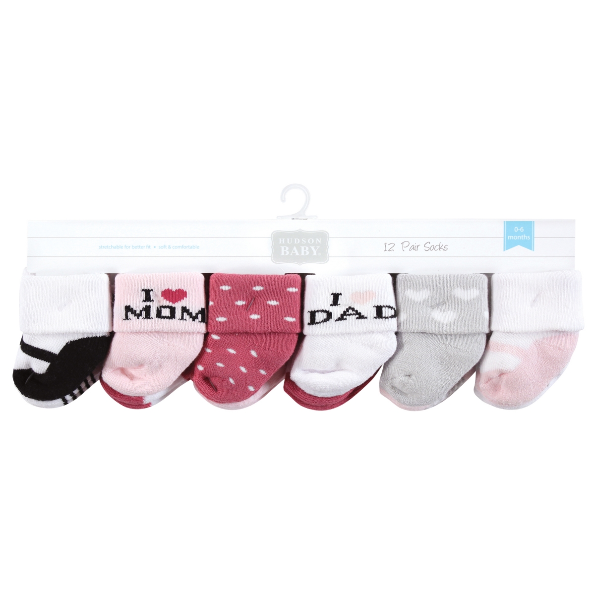Hudson Baby Baby Girls Grow with Me Cotton Terry Socks, Mom Dad Pink Black, 0-6 and 6-12