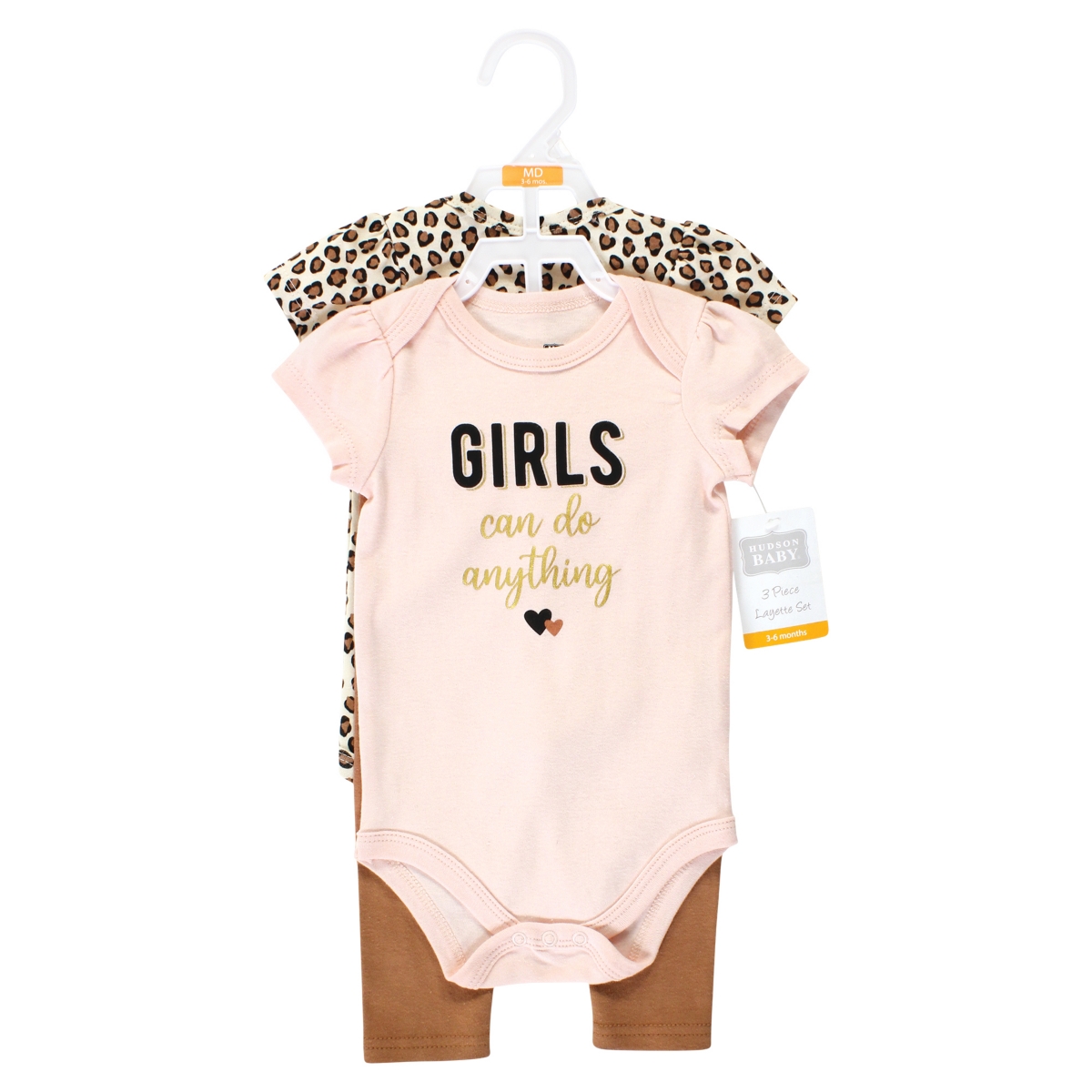 Hudson Baby Baby Girls Cotton Bodysuit and Pant Set,- Cinnamon hearts short sleeve