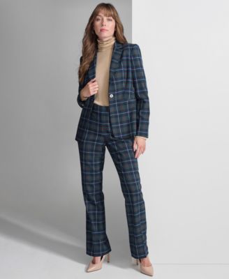 Womens Checked Blazer Puff Sleeve Turtleneck Top Checked Bootcut Pants