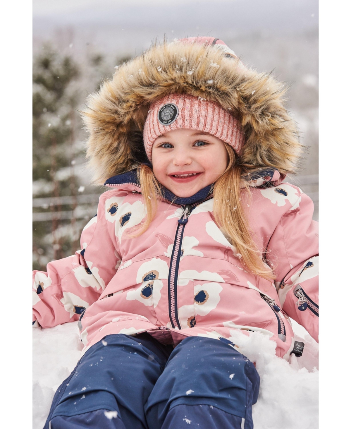 Deux par Deux Big Girls Two Piece SnowsuitAnd Navy - Pink printed off white flowers