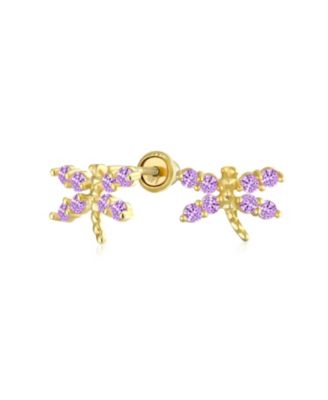 Tiny Cubic Zirconia Light Purple Simulated Amethyst Cz Dragonfly Firefly Butterfly Stud Earrings Real 14k Yellow Gold Screw Back