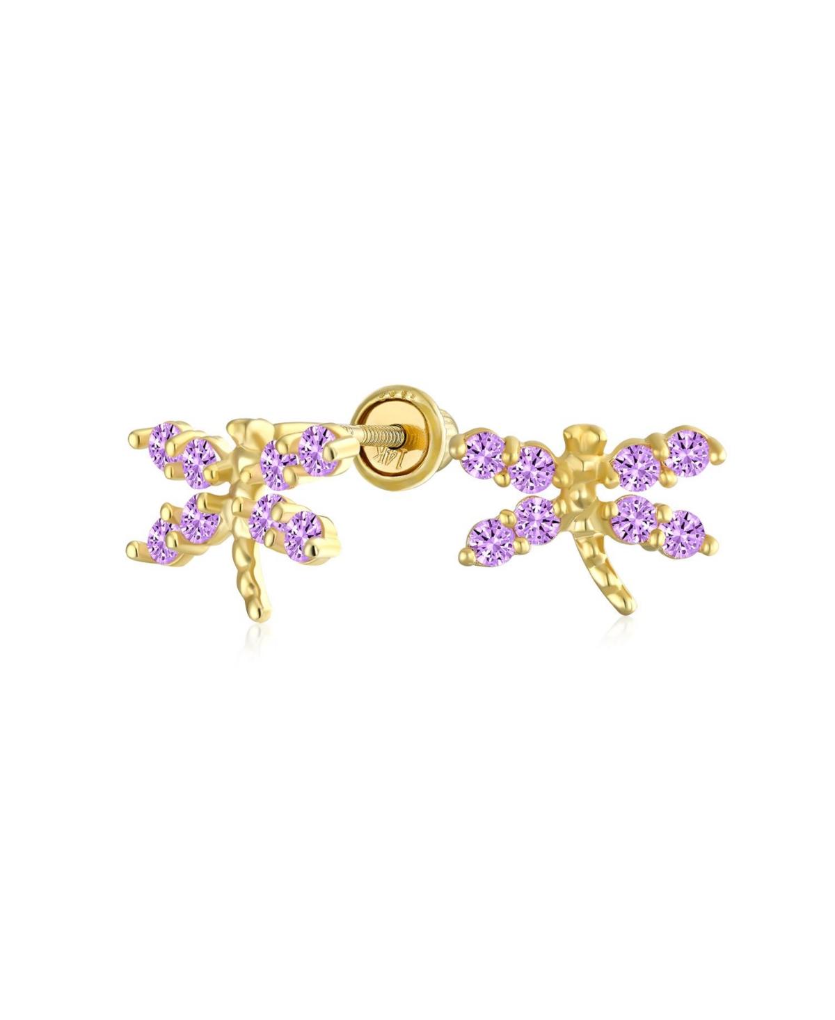 Tiny Cubic Zirconia Light Purple Simulated Amethyst Cz Dragonfly Firefly Butterfly Stud Earrings Real 14K Yellow Gold Screw back - Light