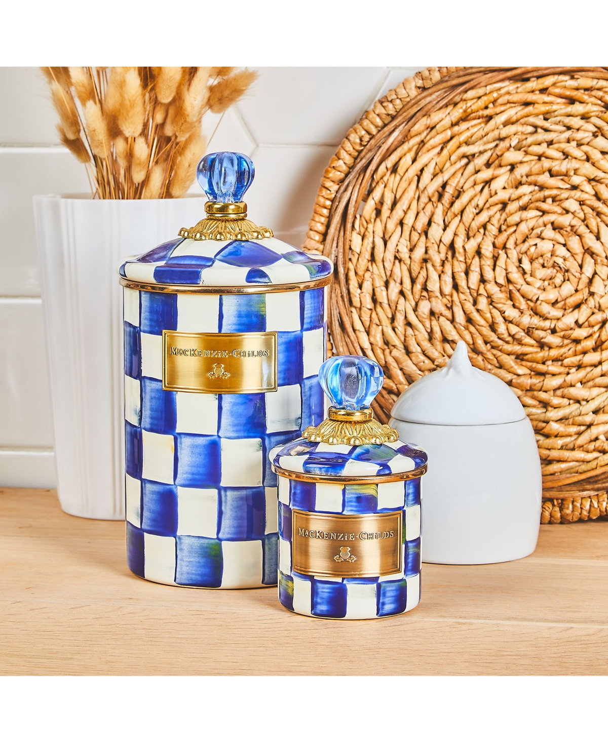 MACKENZIE-CHILDS ROYAL CHECK LARGE ENAMELED CANISTER 
