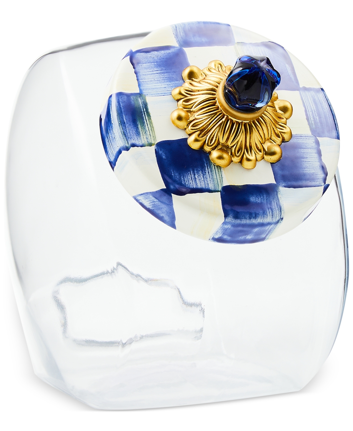 MACKENZIE-CHILDS GLASS COOKIE JAR WITH ROYAL CHECK LID 