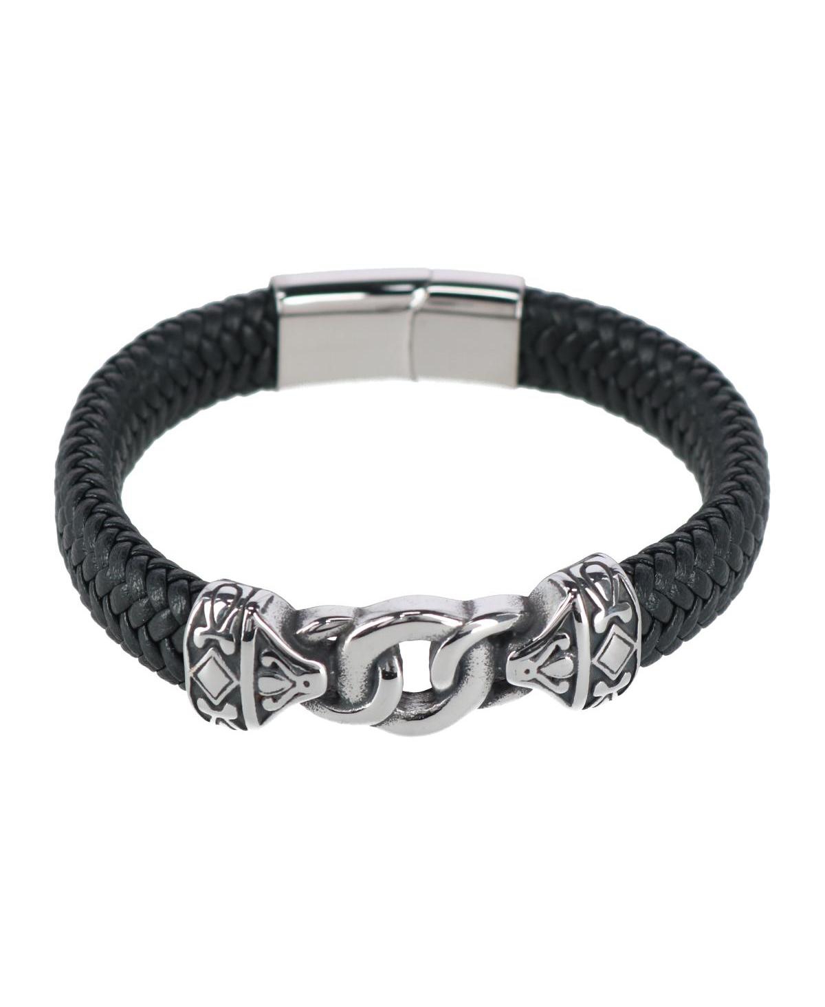 Loose Fit Silver Interlock Pattern on Black Leather Bracelet - Black