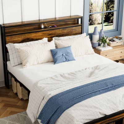 Queen Bed Frame with LED Light, Storage, and Charging