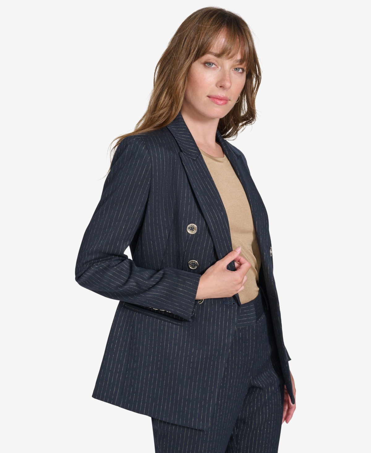 Tommy Hilfiger Women's Double Breasted Metallic Pinstriped Blazer -gld