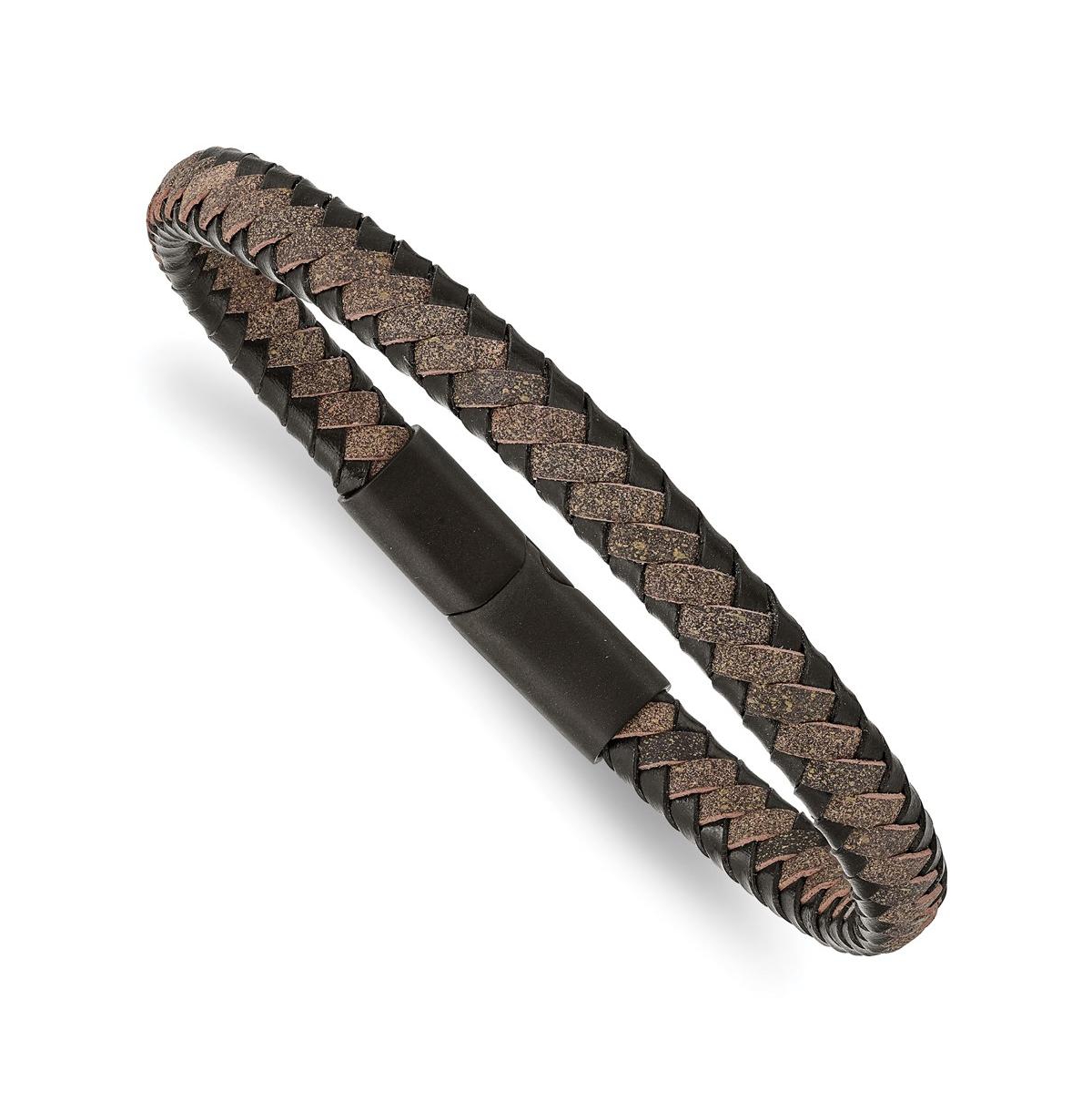 Stainless Steel Brushed Black Ip-plated Brown Leather Bracelet