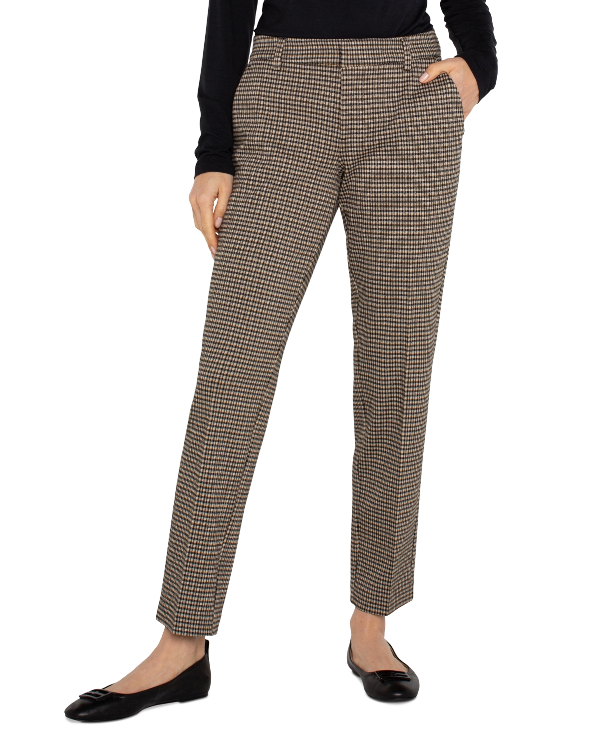 Liverpool Women's Kelsey Mid Rise Plaid Knit Straight-Leg Pants -Tan Check