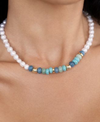 Cultivated Pearl Beaded Blue Mixed Gemstone Necklace