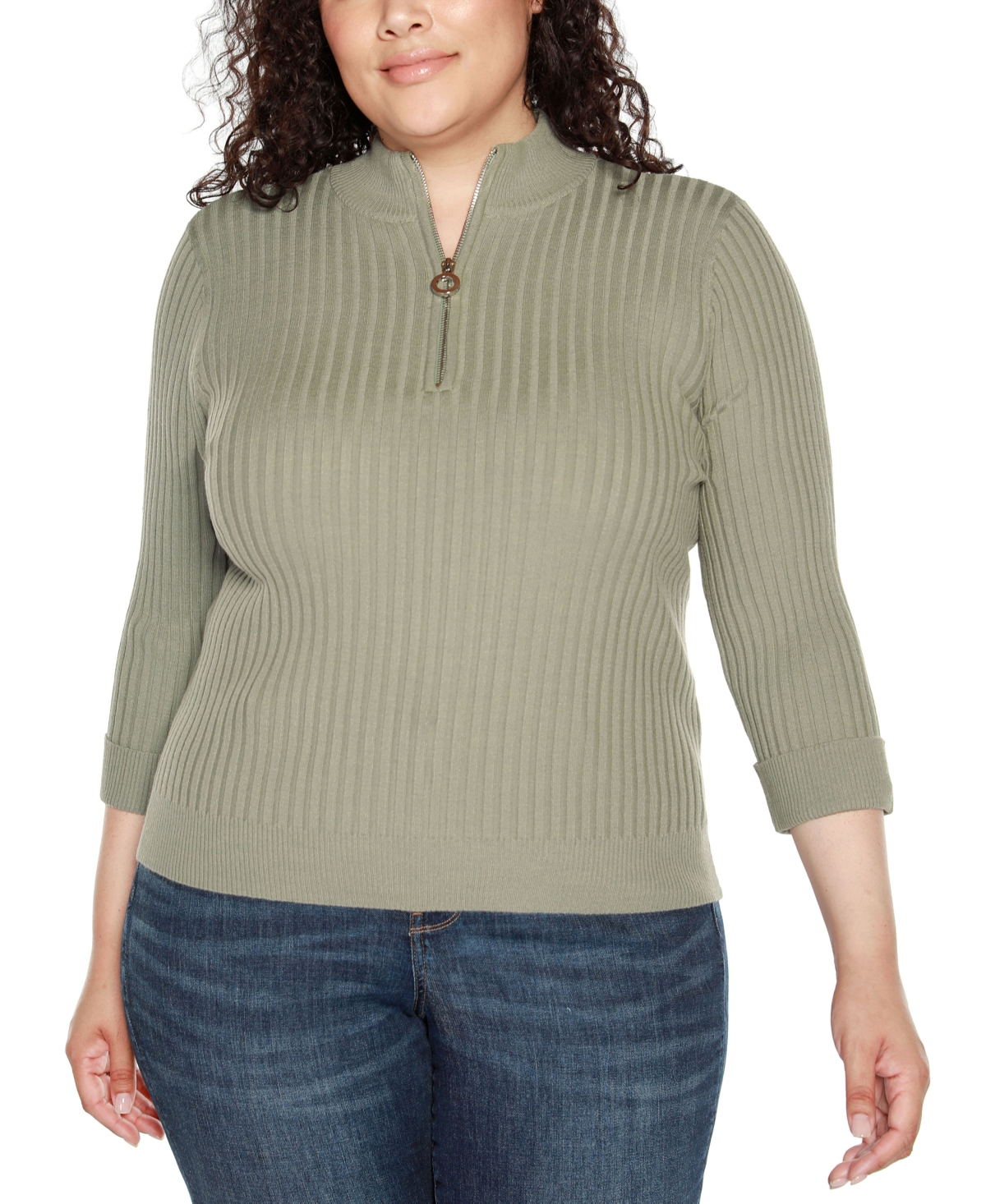 Belldini Black Label Plus Size Ribbed Quarter-Zip Sweater - Sage