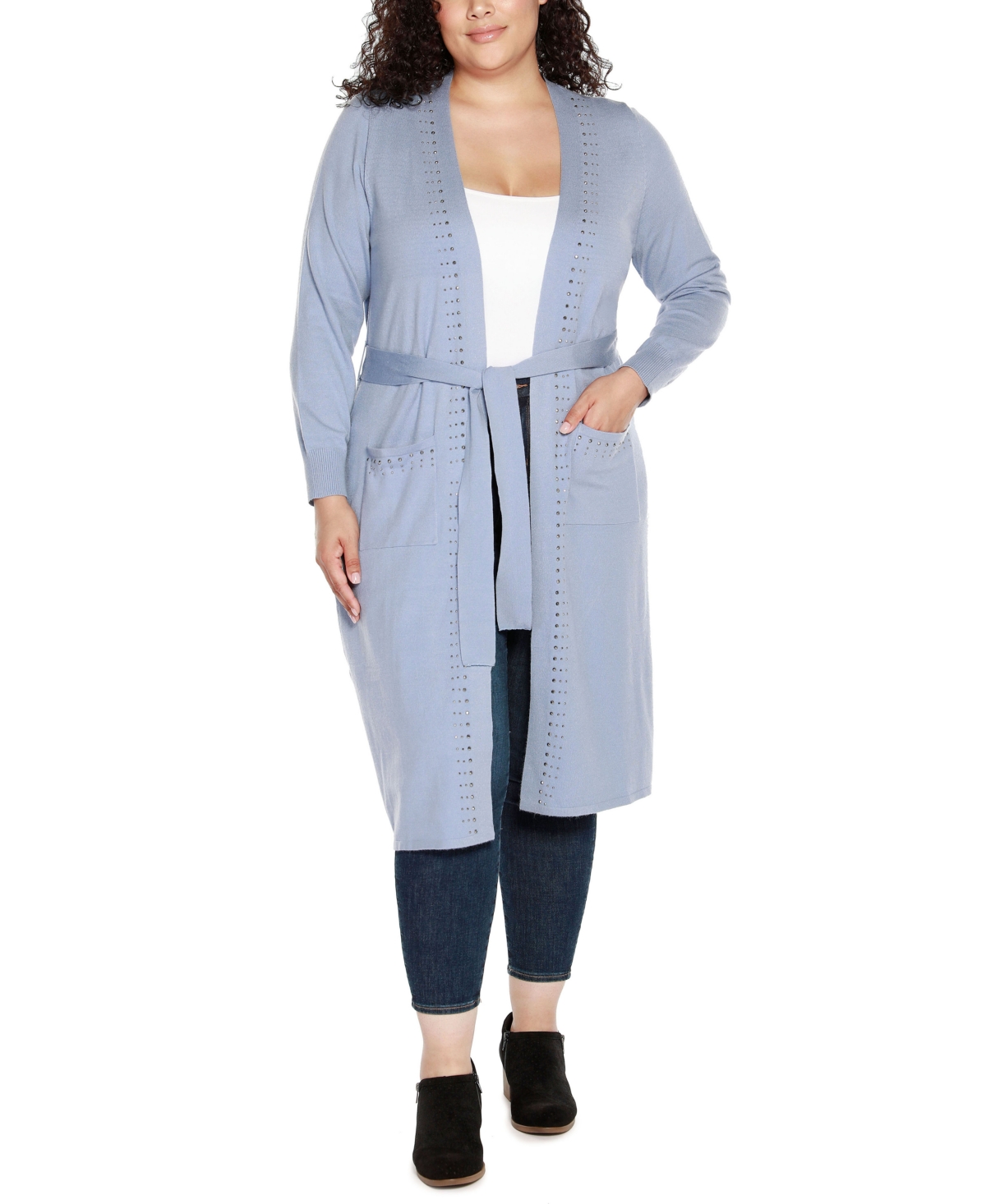 Belldini Black Label Plus Size Rhinestone-Trim Belted Duster Cardigan Sweater