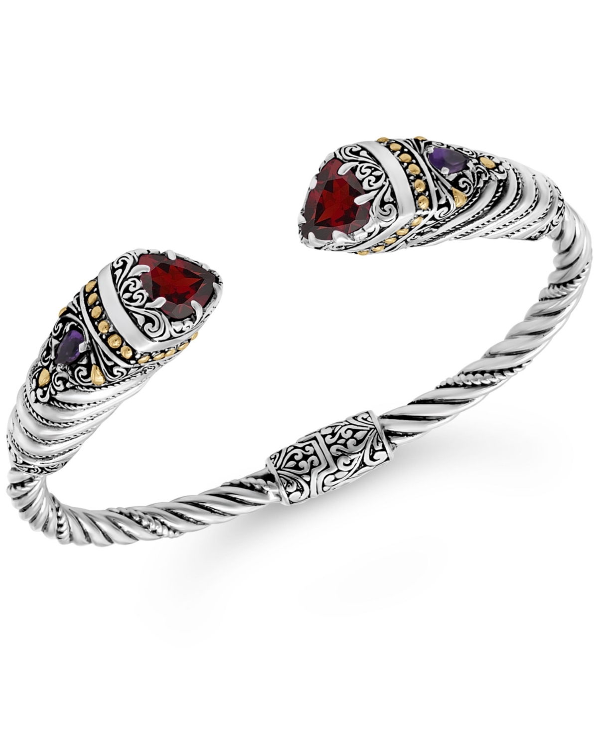 Devata Garnet & Bali Uluwatu Cuff Bracelet in Sterlingand 18K Gold - Silver, red