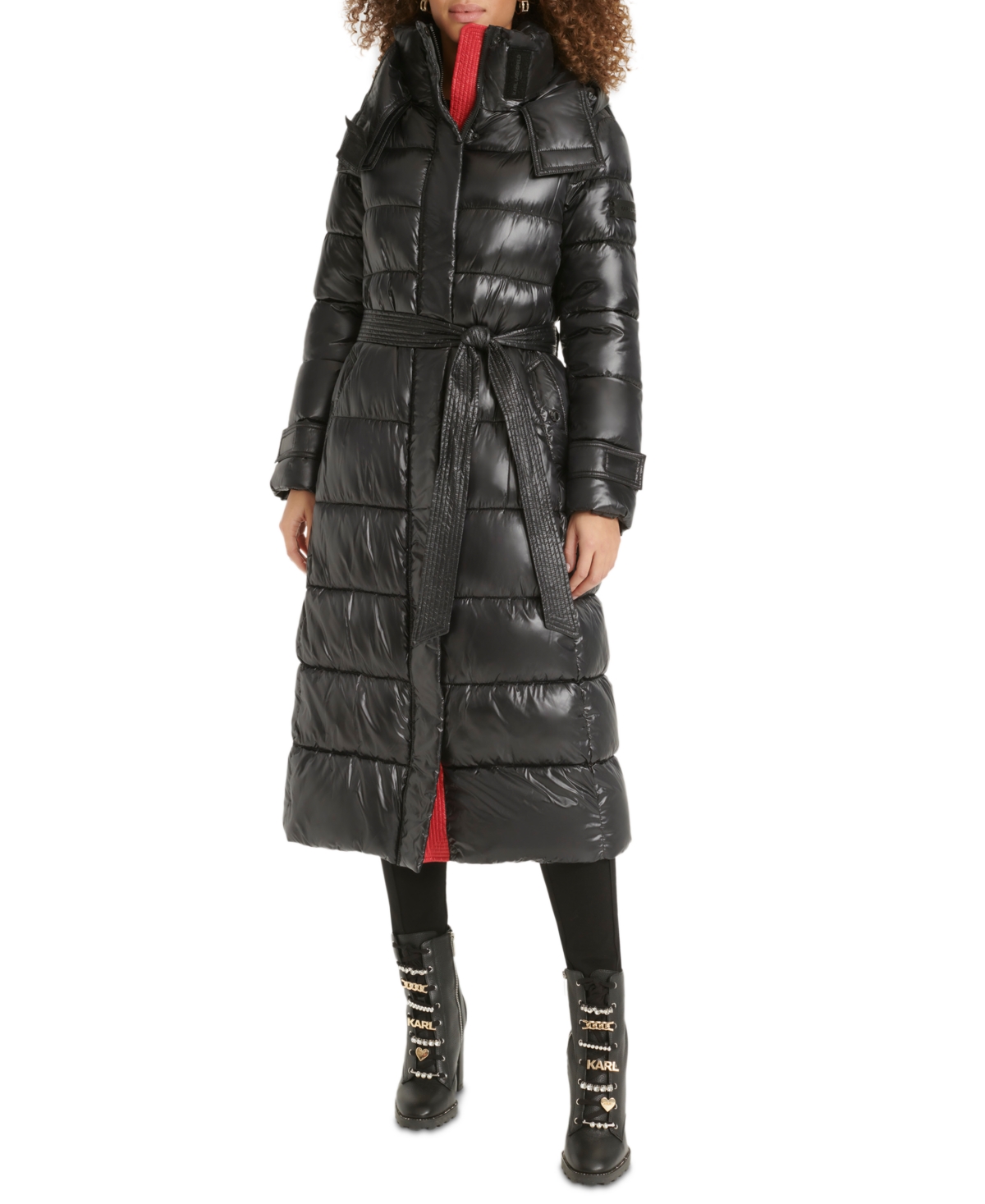 Karl Lagerfeld Womens Shine Hooded Belted Puffer Coat