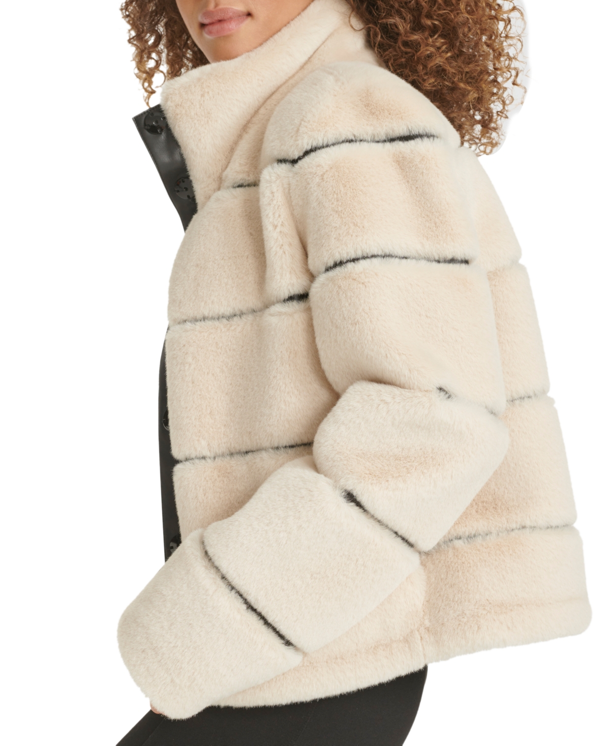 Karl Lagerfeld Paris Womens Faux-Leather Trim Faux-Fur Short Coat
