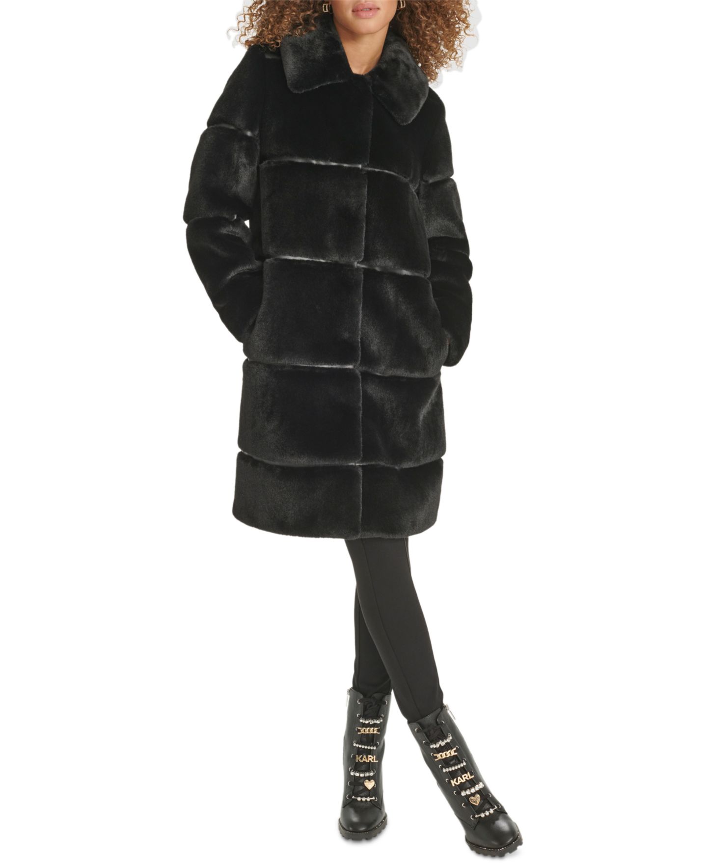 Женское пальто KARL LAGERFELD PARIS Faux-Leather Trim Faux-Fur, цвет: Чёрный — фото 3
