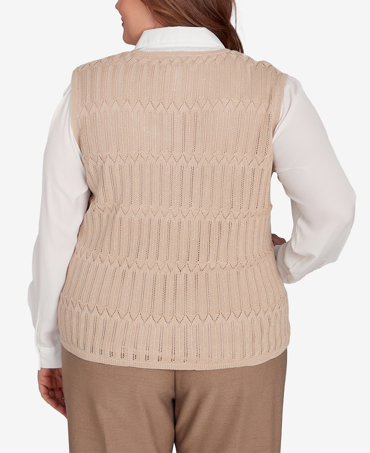 Alfred Dunner Plus Size Emerald Isle Two In One Textured Sweater Vest With A Detachable Necklace In Cashew