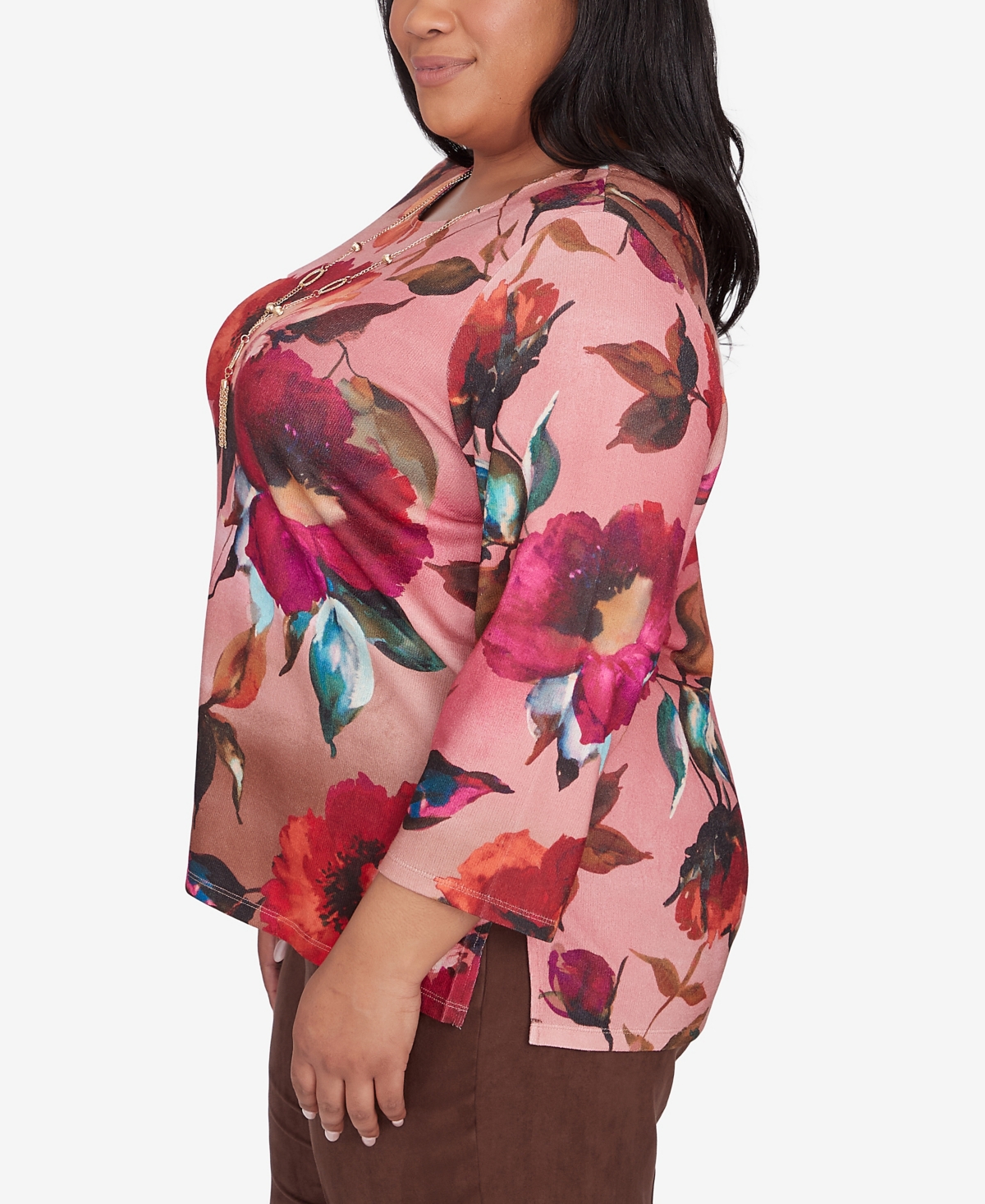 Alfred Dunner Plus Size Wine Country Dramatic Floral Crew Neck Top With Necklace
