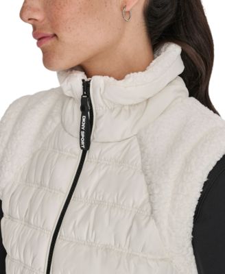 Women's Horizontal Channel Quilted Mock Neck Puffer Vest with Sherpa