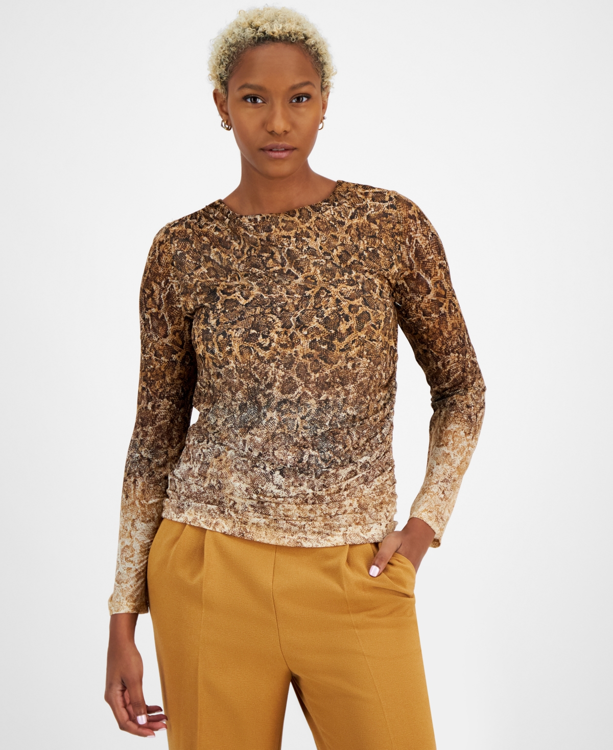 BAR III WOMEN'S PRINTED ROUND-NECK SIDE-SHIRRED TOP, CREATED FOR MACY'S 
