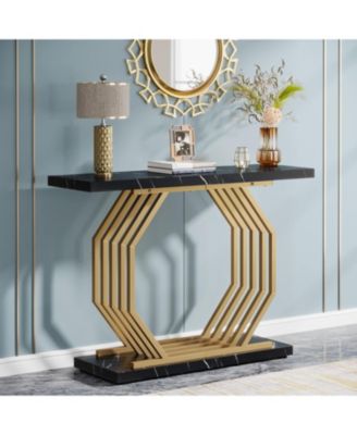 Gold Console Table, Faux Marble Entryway Narrow Sofa Table with Geometric Metal Base, 40 Inch Modern Accent Entrance Table