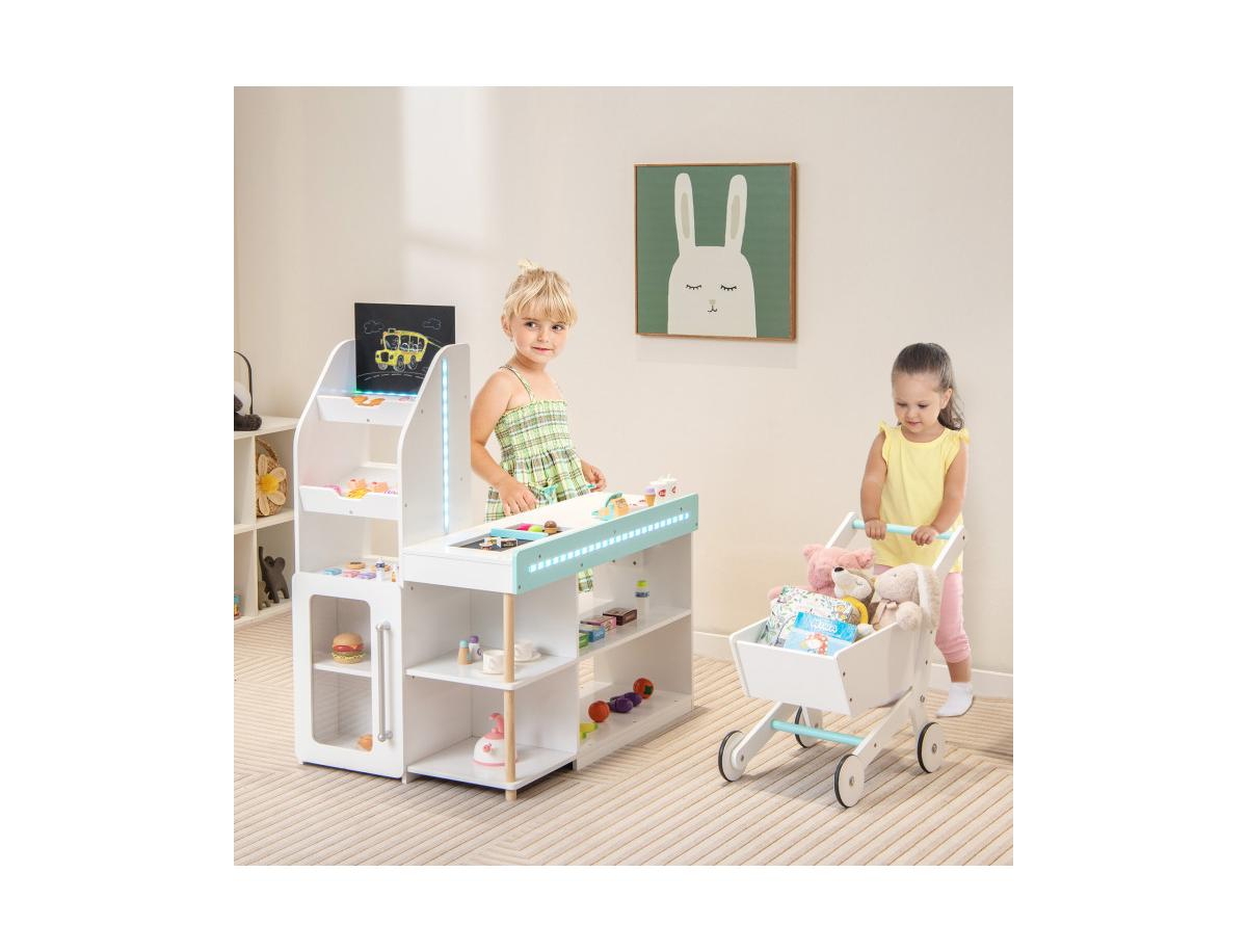 Slickblue Wooden Kids Supermarket Playset with Cash Register and Shopping Cart- White