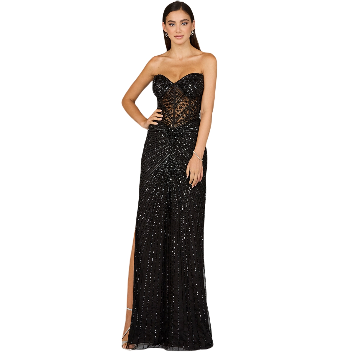 Women's Embellished Strapless Gown with Slit - Black