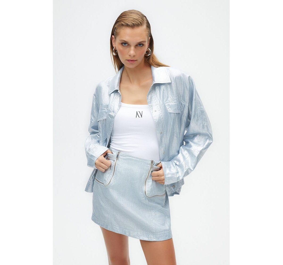 Women's Metallic Shell Detailed Jacket - Blue