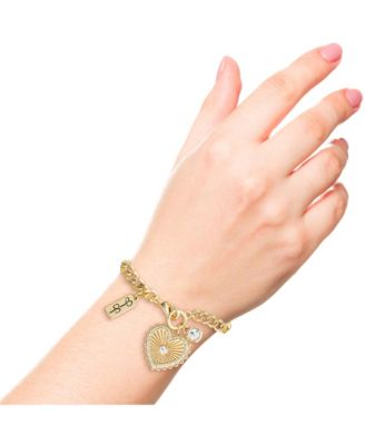 Womens Heart Charm Bracelet - Gold-Tone Charm Bracelet with Rhinestone Embellishments