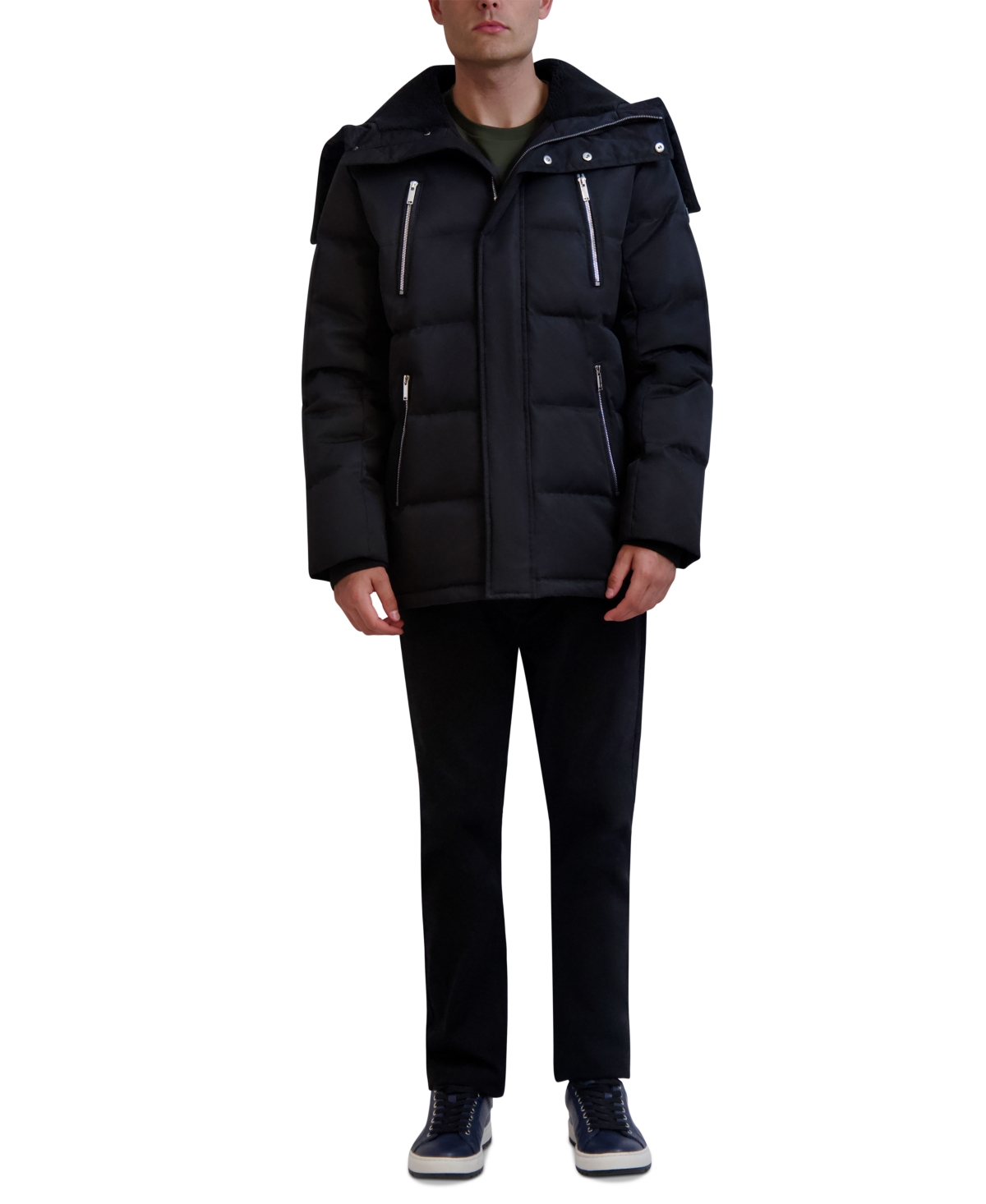 Karl Lagerfeld Men's Faux Shearling Wing Collar Down Jacket In Black