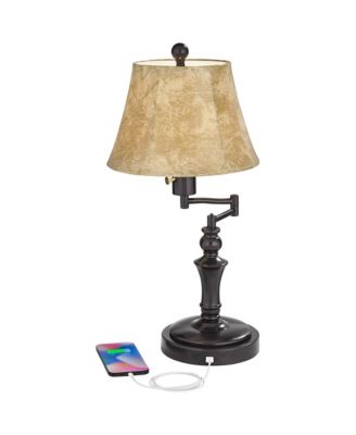 Corey Traditional Natural Cottage Swing Arm Desk Table Lamp with Hotel Style USB Charging Port 21.75" High Bronze Metal Faux Leather Bell Shade Living Room Bedroom House Bedside - Regency Hill