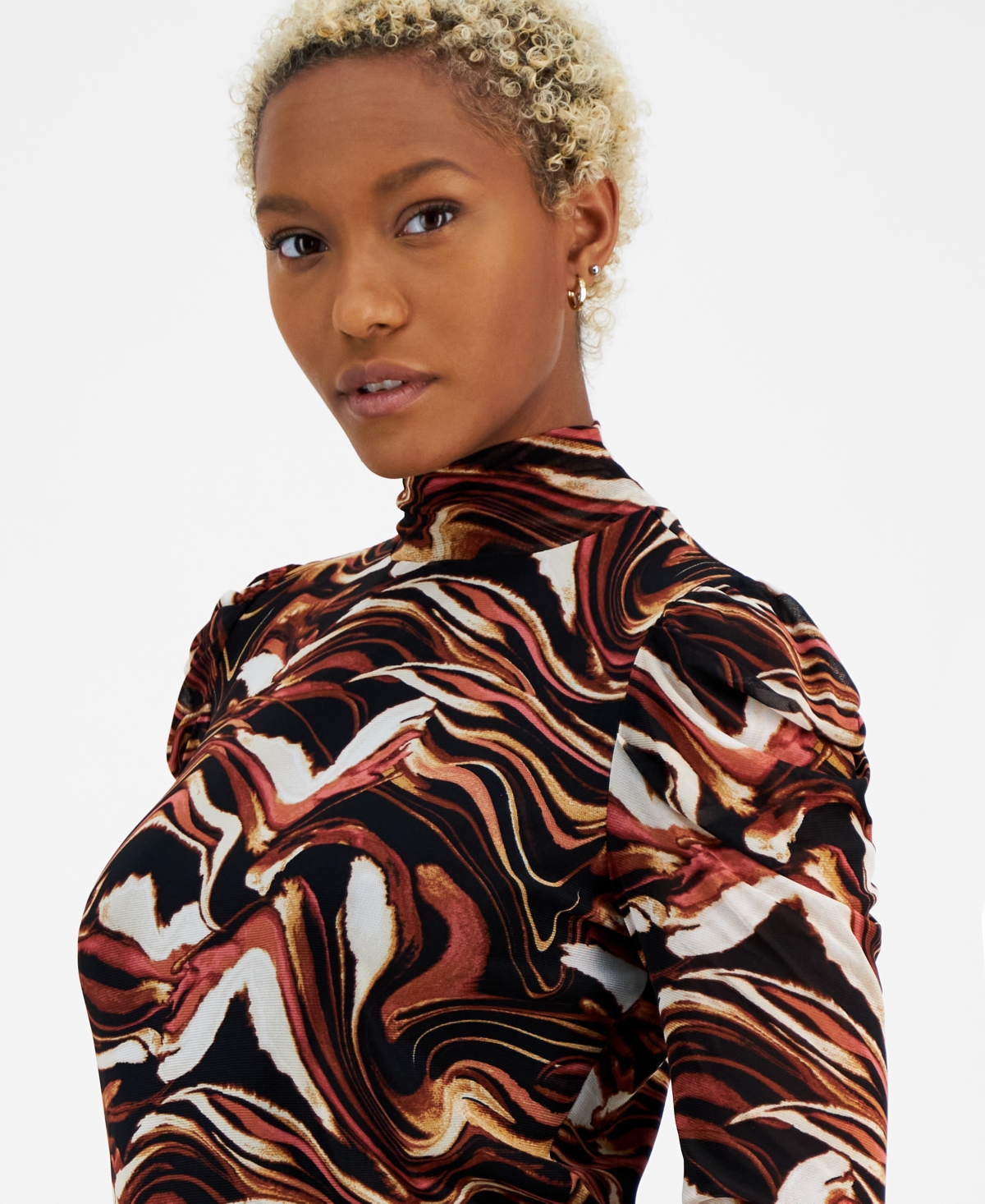Bar Iii Women's Printed Mock-neck Long-sleeve Mesh Top, Created For Macy's In Medium Saddle