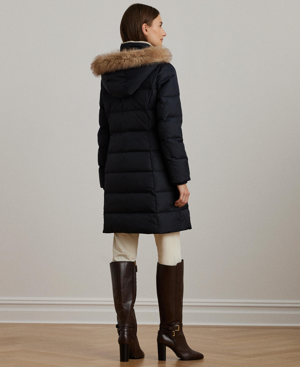 Ralph Lauren Petite Faux-fur-trim Hooded Puffer Coat In Blue