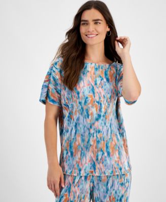 JM Collection - Women's Pliss&eacute; Watercolor-Print Top