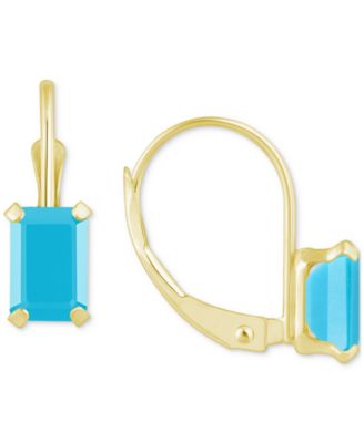 Turquoise Emerald-Cut Solitaire Leverback Earrings in 10k Gold
