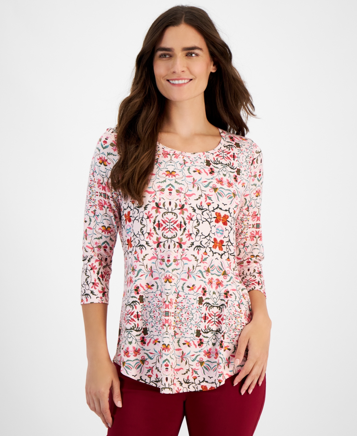 JM COLLECTION PETITE VINTAGE TRELLIS 3/4-SLEEVE TOP, CREATED FOR MACY'S 
